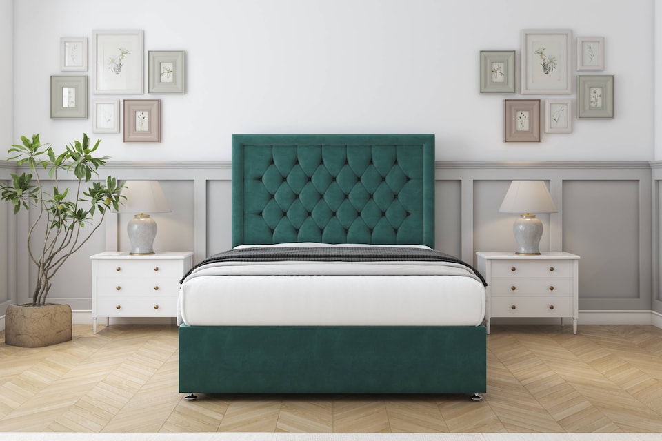 image 1 of Sloomy Montana Emerald Plush Divan Bed With Mattress No Drawers With 54" Floor Standing Headboard 4'6 Double | Green | Emerald | Double | 1
