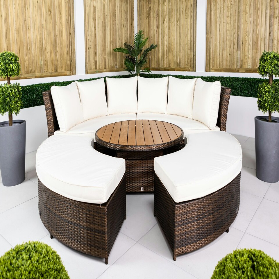 image 1 of GIardino 3-in-1 Rattan Garden Sofa Daybed Set Water Resistant Assembled Brown | Ivory