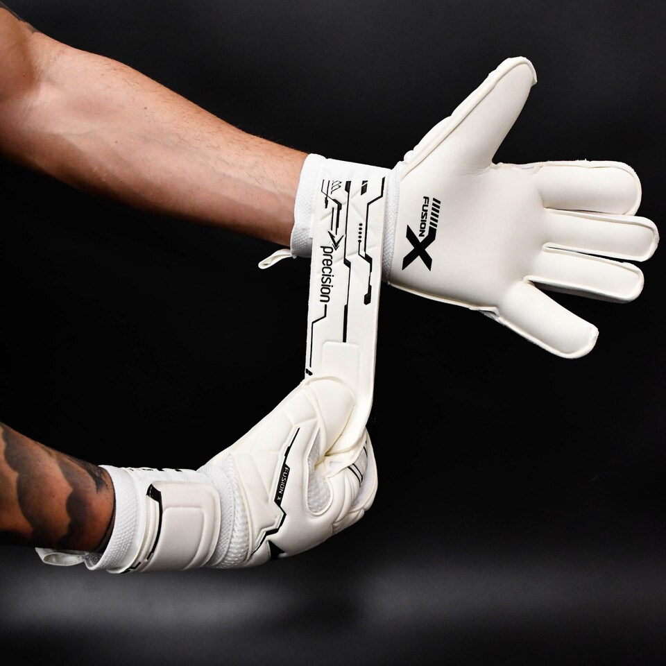 image 1 of Precision Fusion X Pro Classic Hybrid Giga Goalkeeper Gloves, 4mm Giga Latex, Hybrid Cut, Enhanced Wrist Support, Breathable Mesh, White Black, 7
