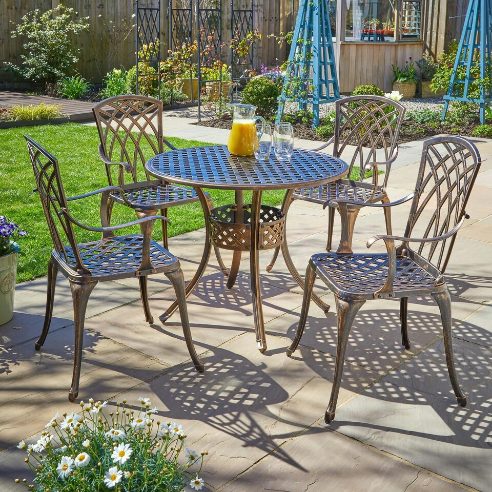 image 1 of Brown Bistro Set Outdoor Garden Patio Lattice Table and 4 Chairs Aluminium Frame