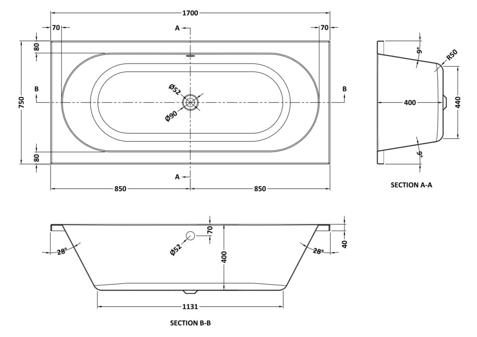 image 1 of Balterley Round DE Bath with Leg Set 1700x750 EL