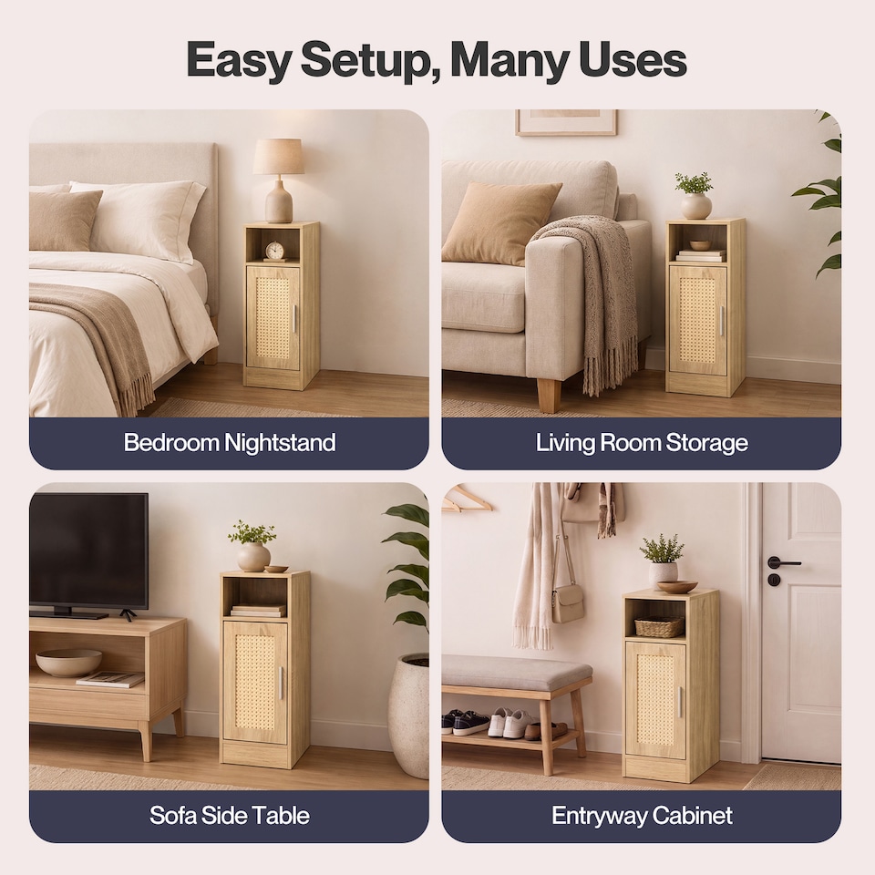image 1 of Levede Bedside Table 2 Pc Narrow Side Table Boho Rattan Storage For Bedroom Wood