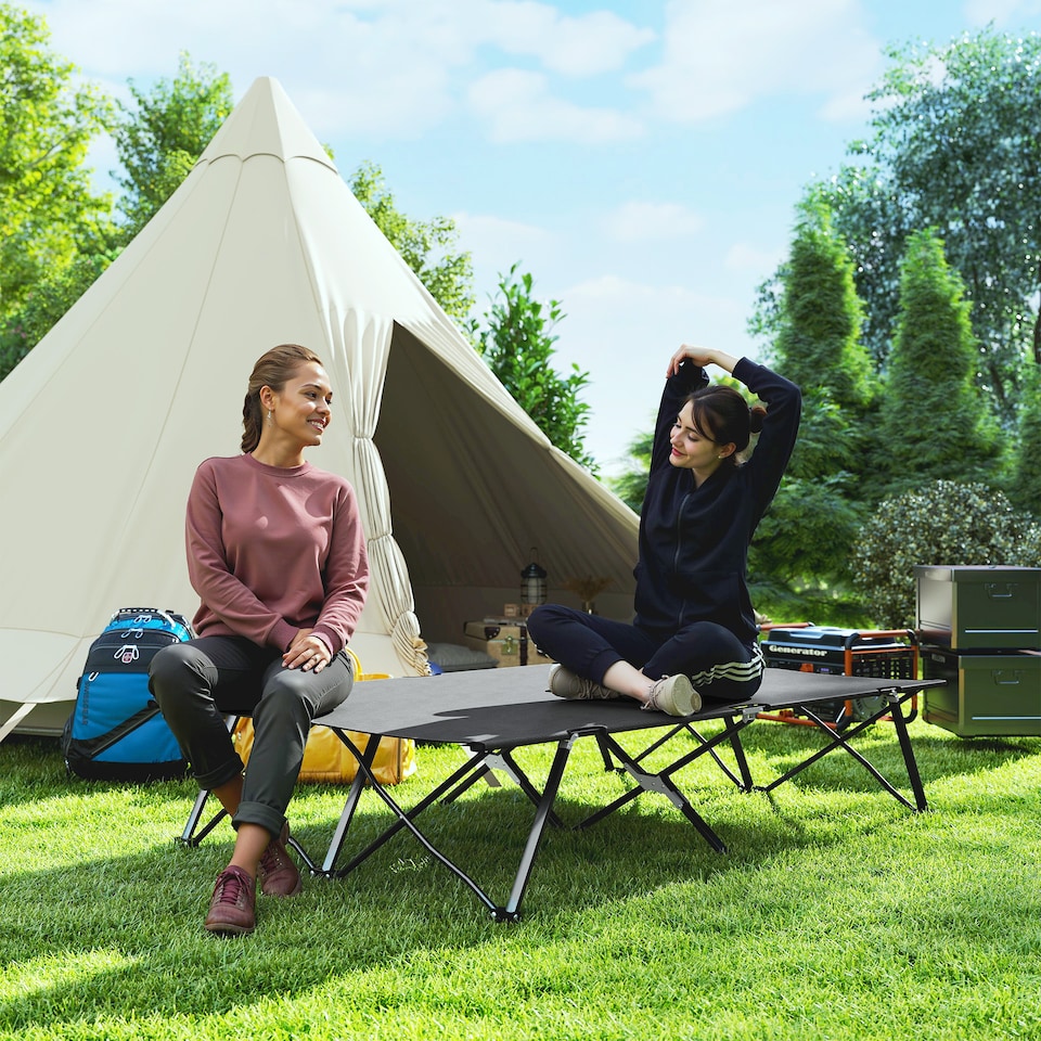 image 1 of Outsunny Double Camping Folding Cot Portable Sleeping Bed, Charcoal Grey