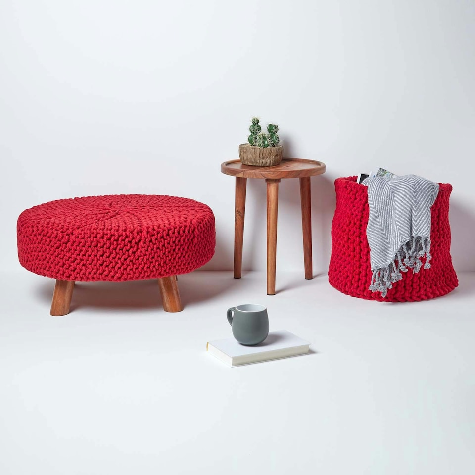 image 1 of Homescapes Red Round Cotton Knitted Footstool on Legs | Red | 62 x 62 x 30 cm