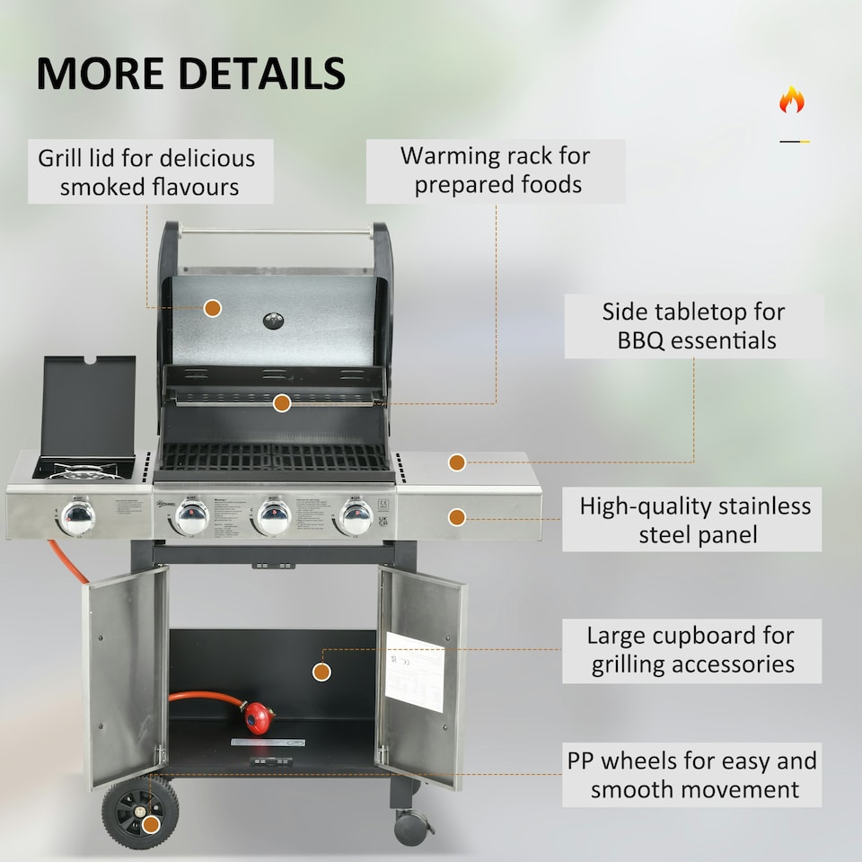 image 1 of Outsunny Deluxe Gas Barbecue Grill 3+1 Burner Garden BBQ w/ Large Cooking Area