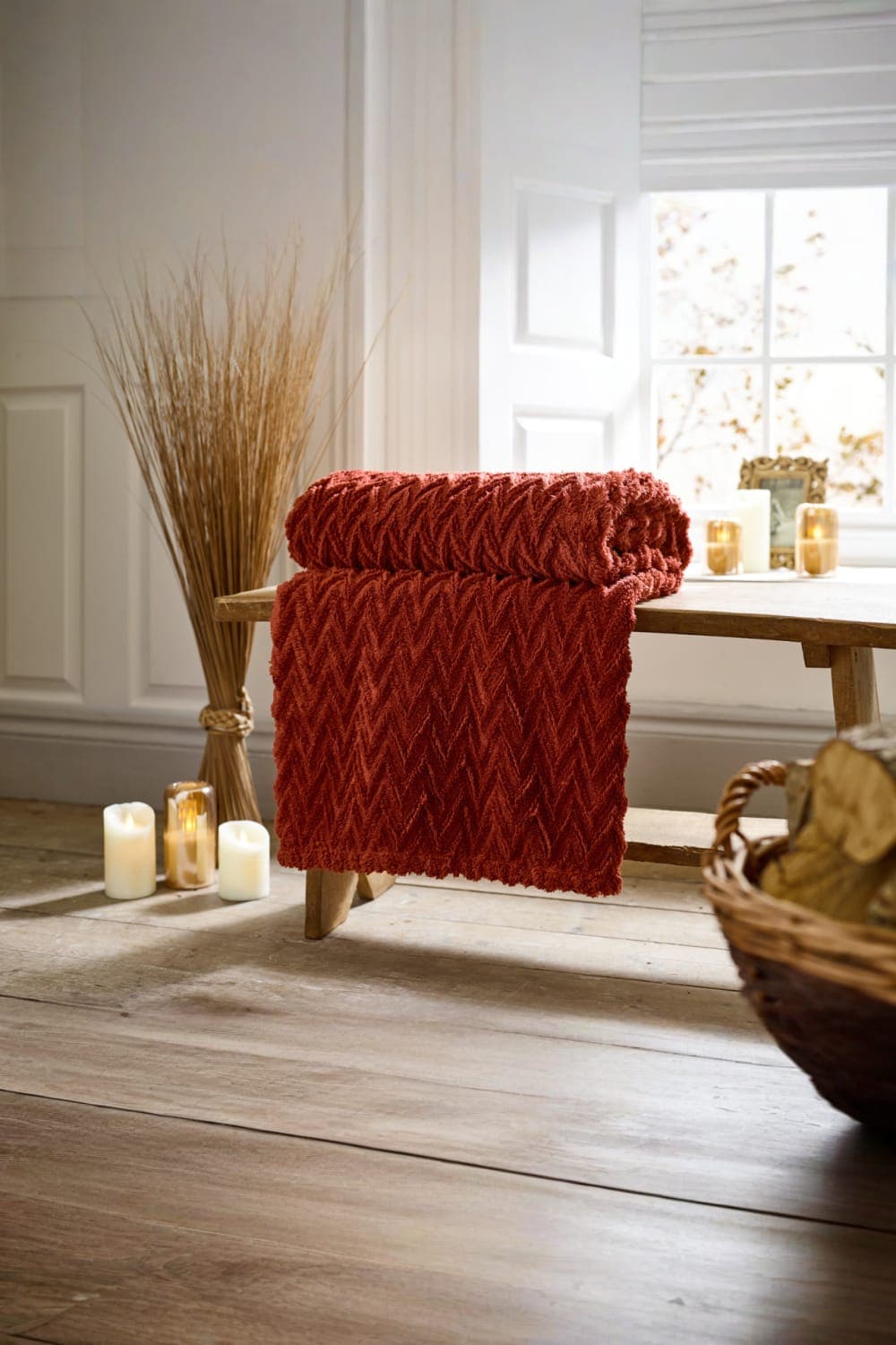 Tadcaster Chevron Plush Throw, 140×180cm – Warm Decorative Sofa Blanket | Orange | Paprika