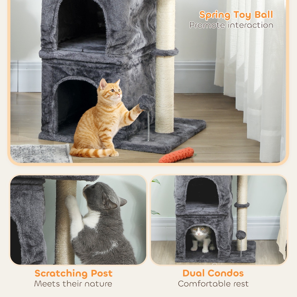 image 1 of PawHut 66cm Small Cat Tree for Large Adult Kittens Up to 7 KG, Cat Tower with Large Top Perch, 2 Condos, Sisal Scratching Post, Toy Ball, for Climbing, Relaxing, Playing, Dark Grey