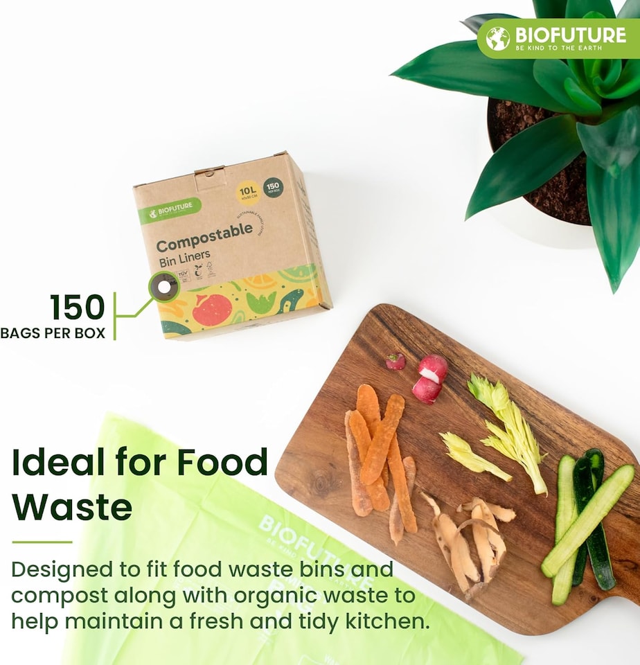 image 1 of Biofuture 10L x 150 Compostable Bin Liners | Home Compostable & Council Approved | Fits 9-11L Kitchen Food Waste Bins | EN13432 Certified & TUV Certified