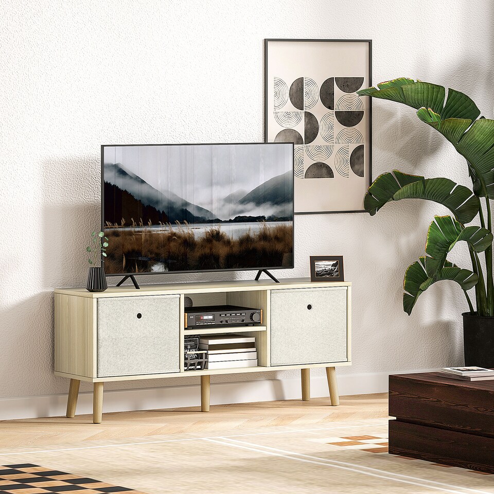 image 1 of HOMCOM TV Cabinet Stand Unit for TVs up to 50  Flat Screen with Foldable Drawers and Shelves, Entertainment Centre for Living Room, Bedroom Nature Wood Finish