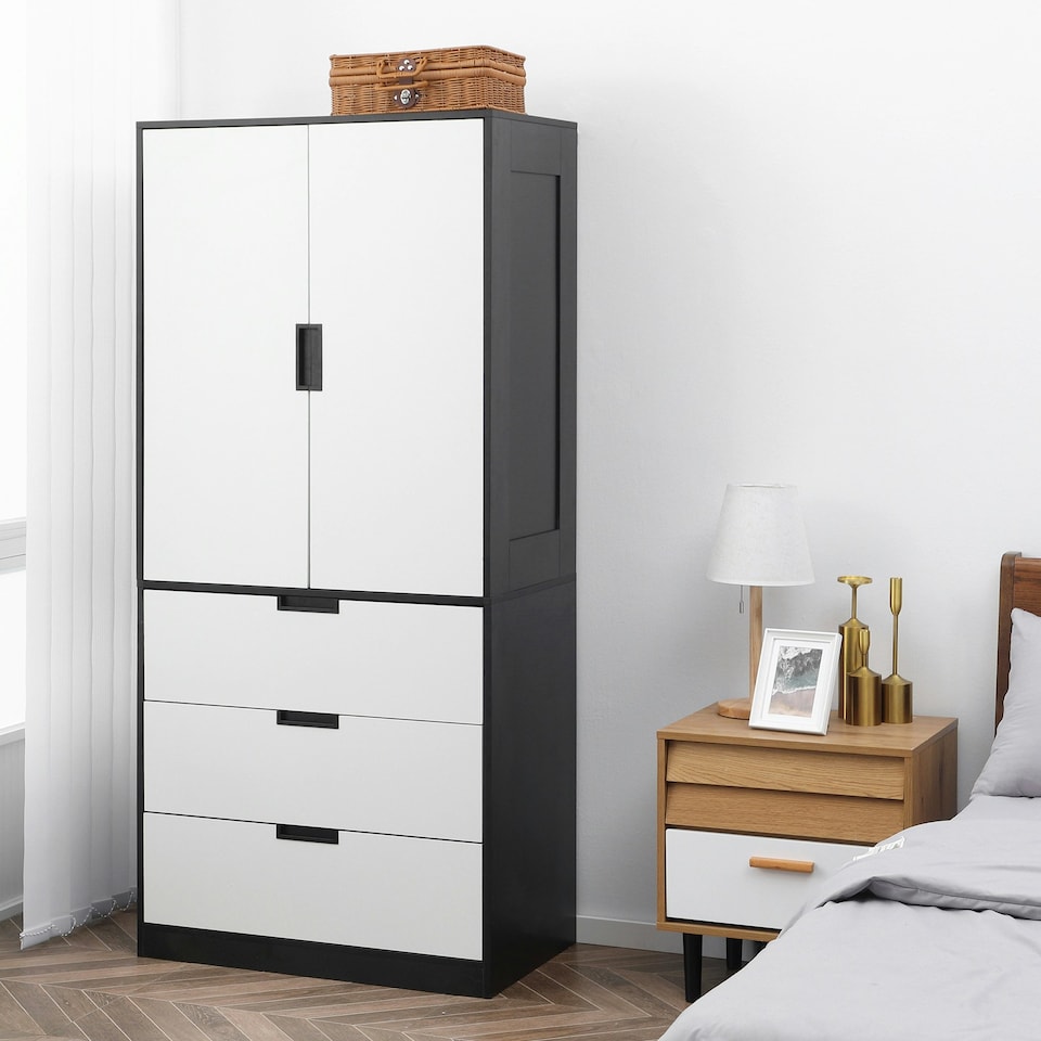 image 1 of HOMCOM 2 Door Wardrobe with 3 Drawer and Soft Closing Hinge for Bedroom