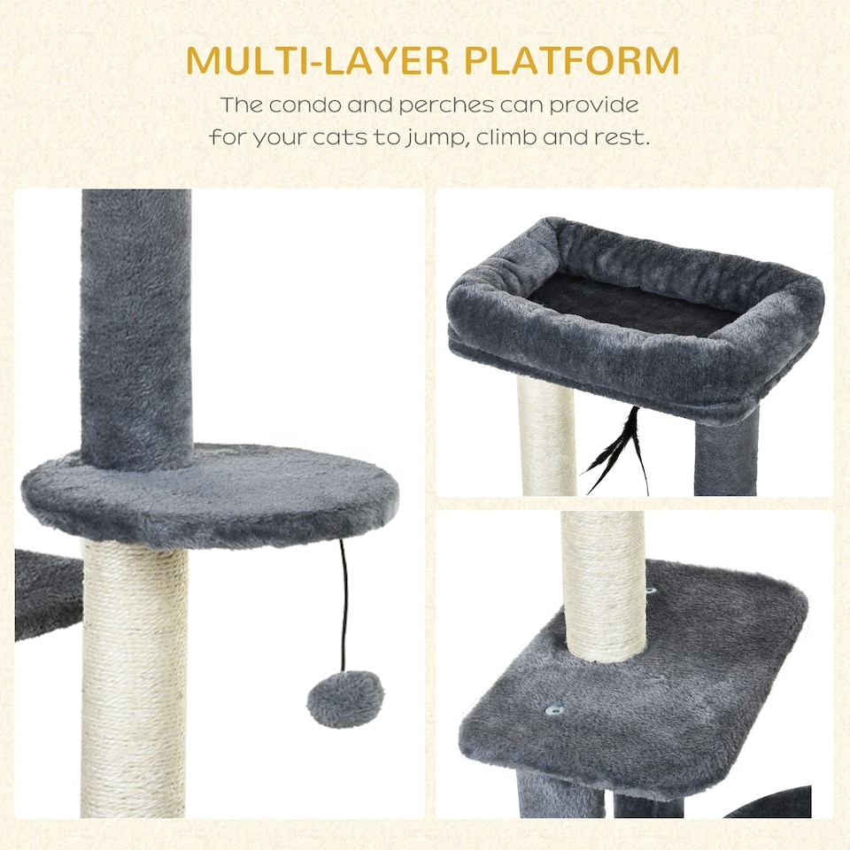 image 1 of PawHut 100cm Cat Tower Condo with House Sisal Scratching Post Perches Grey