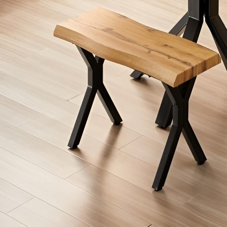 image 1 of Durable Wooden Bench with X-Shaped Iron Legs, Curved Edge for Dining, Work, or Study Brown