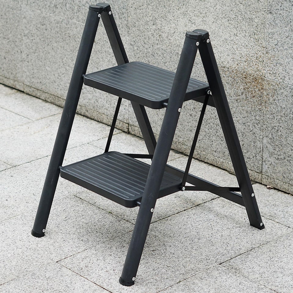 image 1 of Gr8 Home 2 Step Ladder Black Folding Stool Non Slip Heavy Duty Carbon Steel Lightweight
