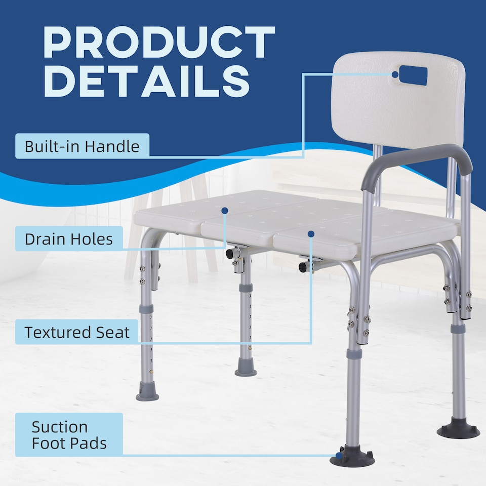 image 1 of HOMCOM Height Adjustable Shower Chair, Non Slip Bath Transfer Bench for Elderly, Disabled with Armrest and Backrest, 300 lbs Capacity, White