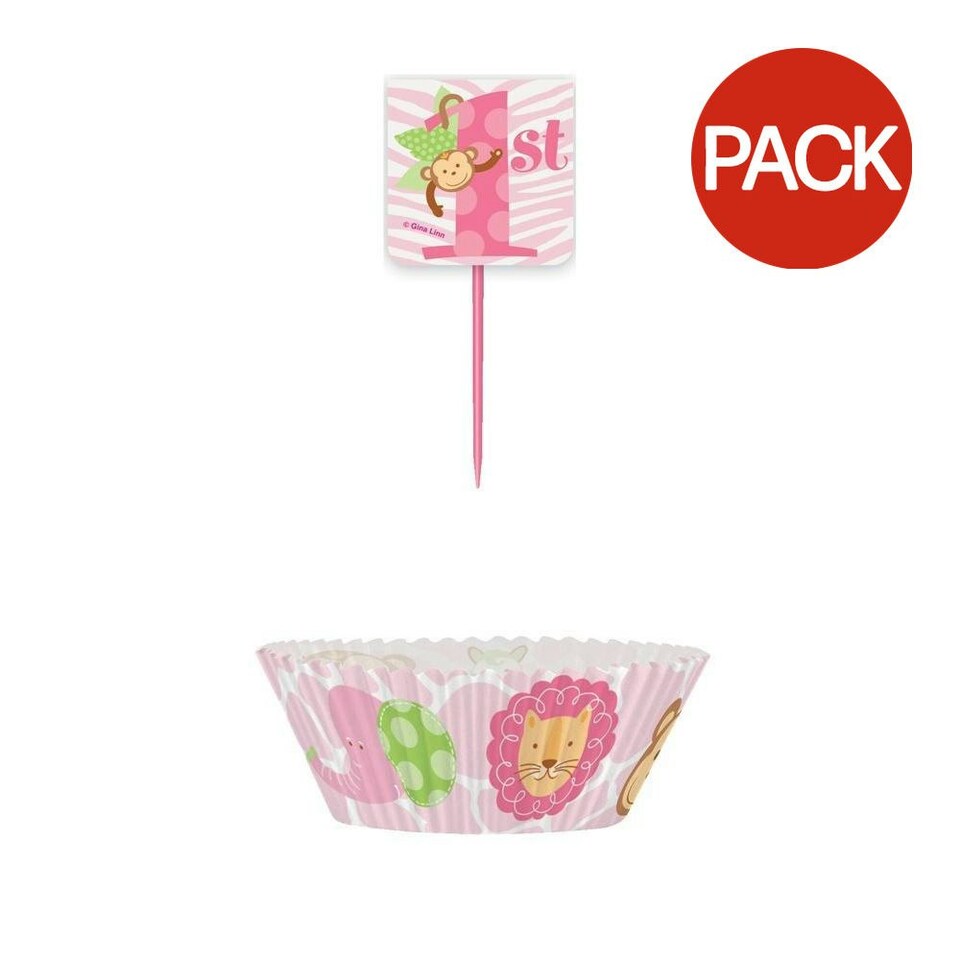 Safari 1st Birthday Muffin Cases With Picks (Pack of 48) - Pink - One Size
