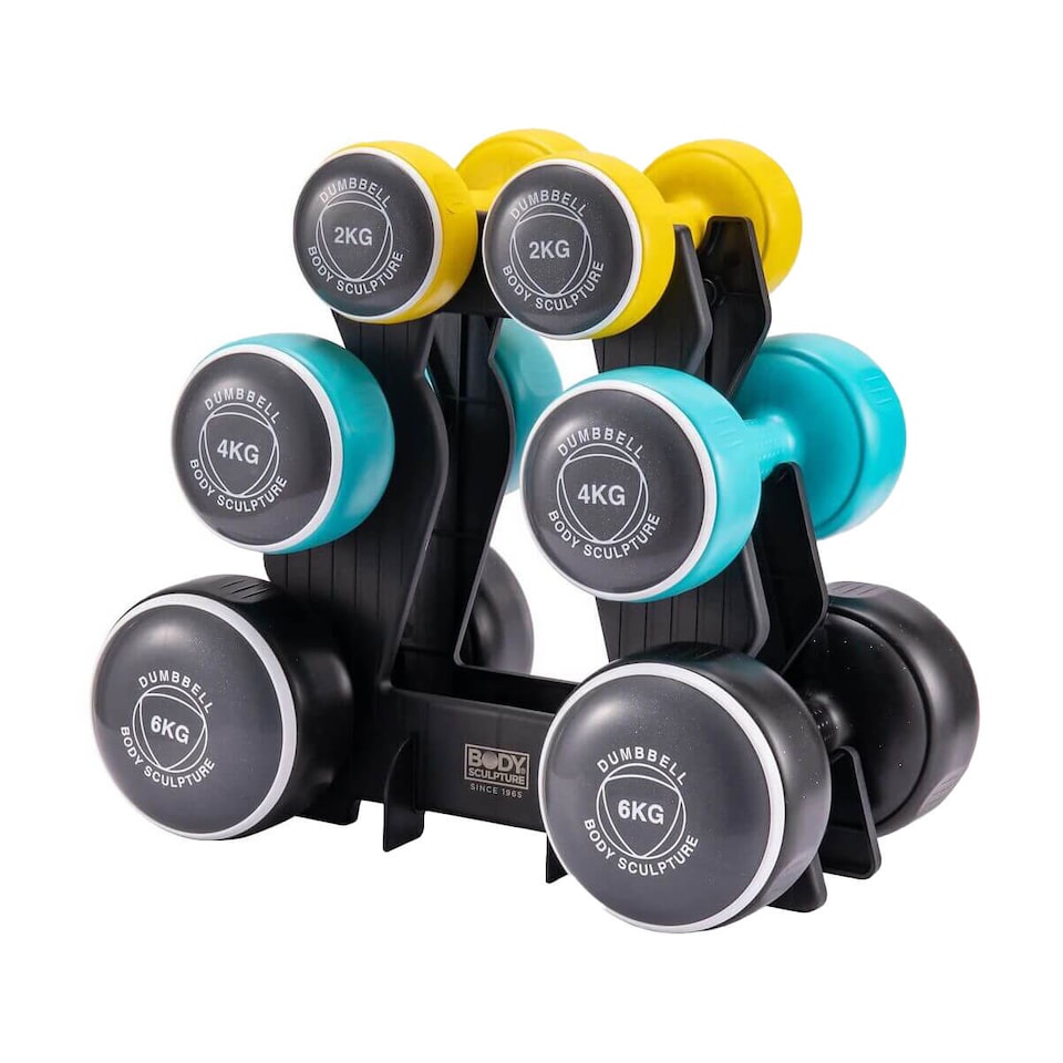 image 1 of Body Sculpture 24kg Smart Dumbbell Tower with Stand — 3 Pairs (2/4/6kg) | Multi | MULTI-COLOUR | 24kg