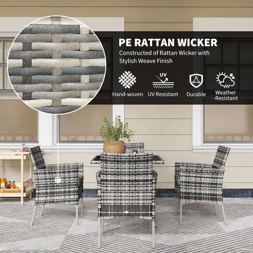 image 1 of Outsunny 4 Seater Rattan Dining Set with Cushions, 5 Pieces Garden Dining Set with Glass Tabletop, PE Rattan Garden Furniture Set with Dining Table and Armchairs for Patio, Balcony, Mixed Grey