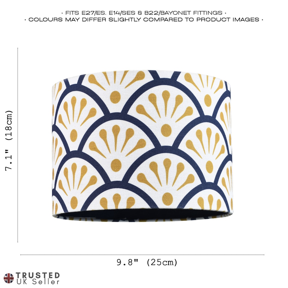 image 1 of Unique Moroccan Floral Designer 25cm Navy Midnight Blue and Ochre Drum Lampshade | Blue