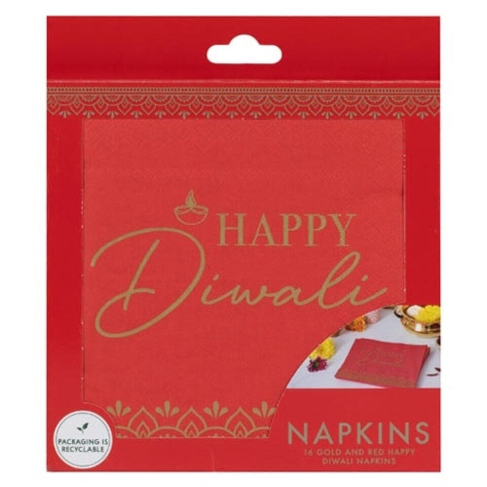 image 1 of Happy Diwali Red Paper Napkins 33cm 3Ply - Pack of 16