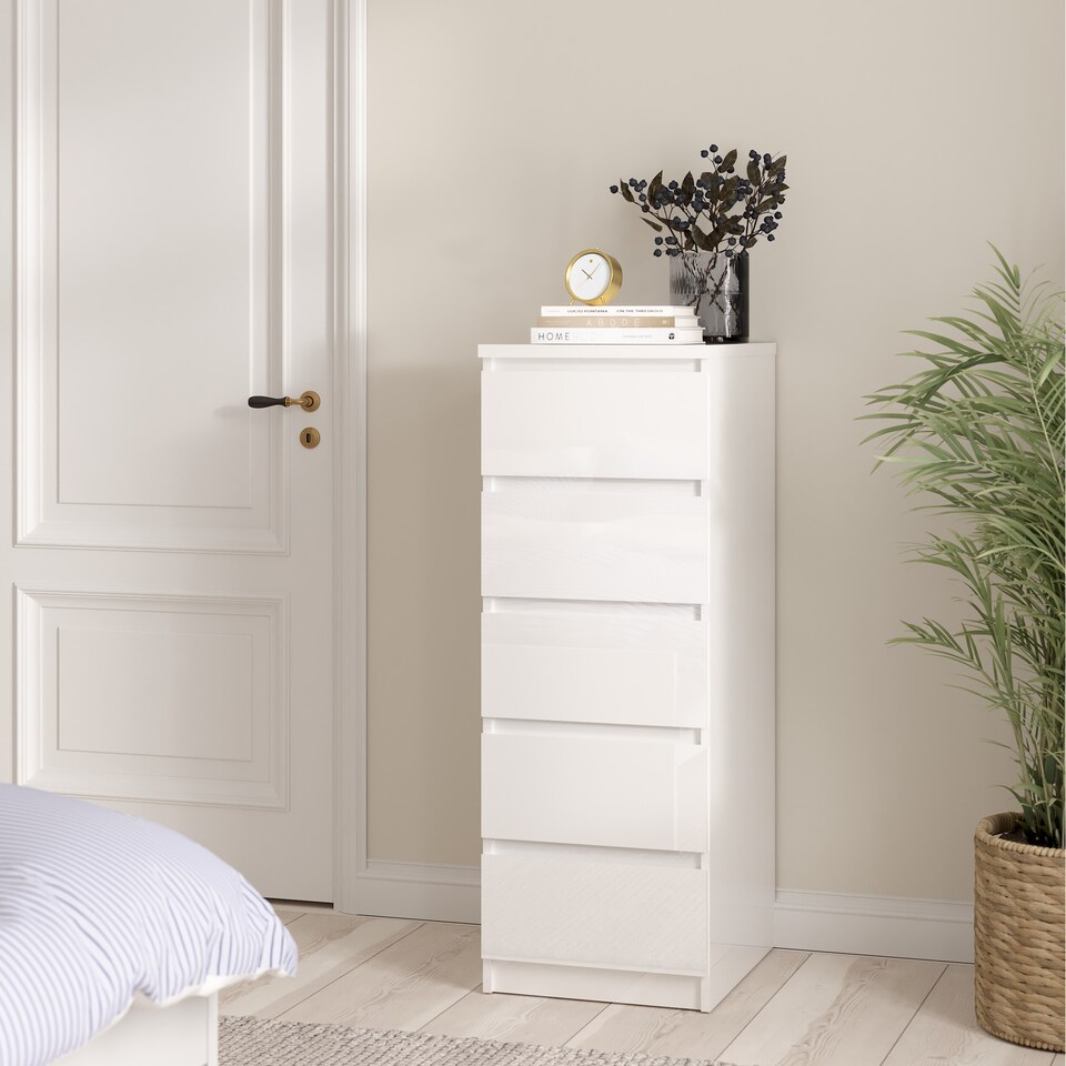 image 1 of Naia Narrow Chest of 5 Drawers in White High Gloss