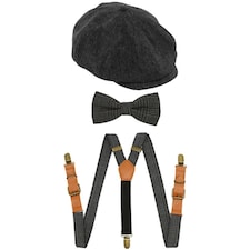Grey Flat Cap with Tweed Braces and Bow Tie | Grey | One Size