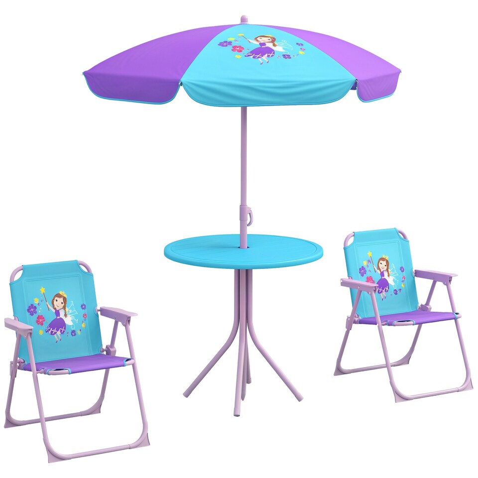 image 1 of Outsunny Kids Bistro Table and Chair Set w Fairy Theme, Adjustable Parasol