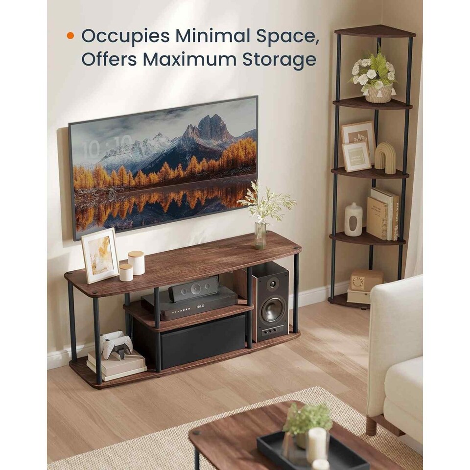 image 1 of TV Stand with Shelves, Entertainment Unit for Living Room and Bedroom, Tool-Free Assembly, Natural Walnut and Ink Black