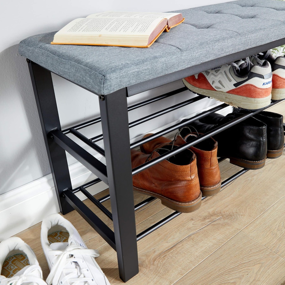 image 1 of Metal Shoe Bench with Storage Shelfs For Entryway Hallway Seating | Grey