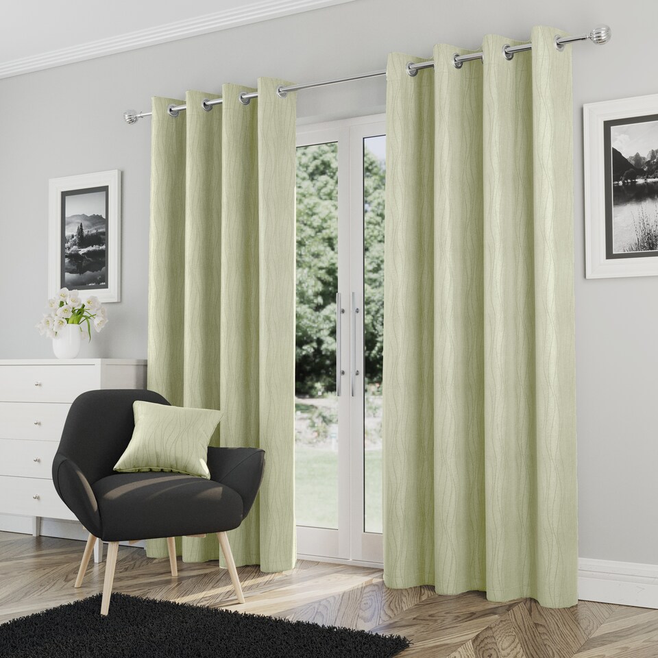 image 1 of Enhanced Living Goodwood Green Thermal, Energy Saving, Dimout Eyelet Curtains with Wave Pattern (PAIR) - 66 x 90 inch (168x229cm)