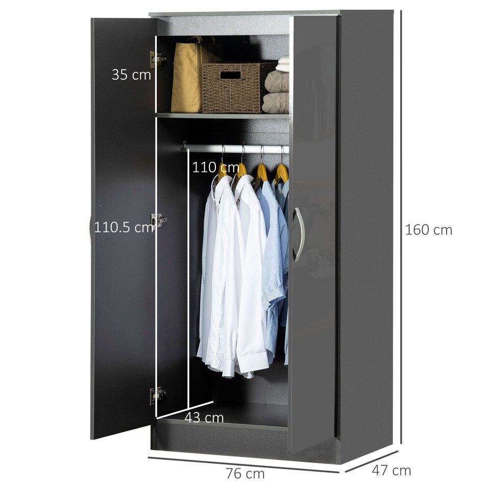 image 1 of HOMCOM High Gloss Wardrobe, 2 Door Wardrobe with Hanging Rod and Storage Shelf, Clothes Storage Organizer with Anti-tipping Design for Bedroom, Grey