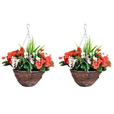 Pair of 30cm 10 Inch Red & White Pansy Flower with Decorative Rattan Hanging Baskets for Indoor Outdoor Garden Use | Red | Red & White | 1