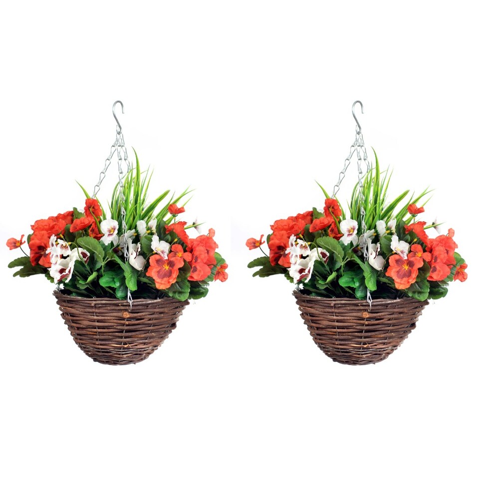 image 1 of Pair of 30cm 10 Inch Red & White Pansy Flower with Decorative Rattan Hanging Baskets for Indoor Outdoor Garden Use | Red | Red & White | 1