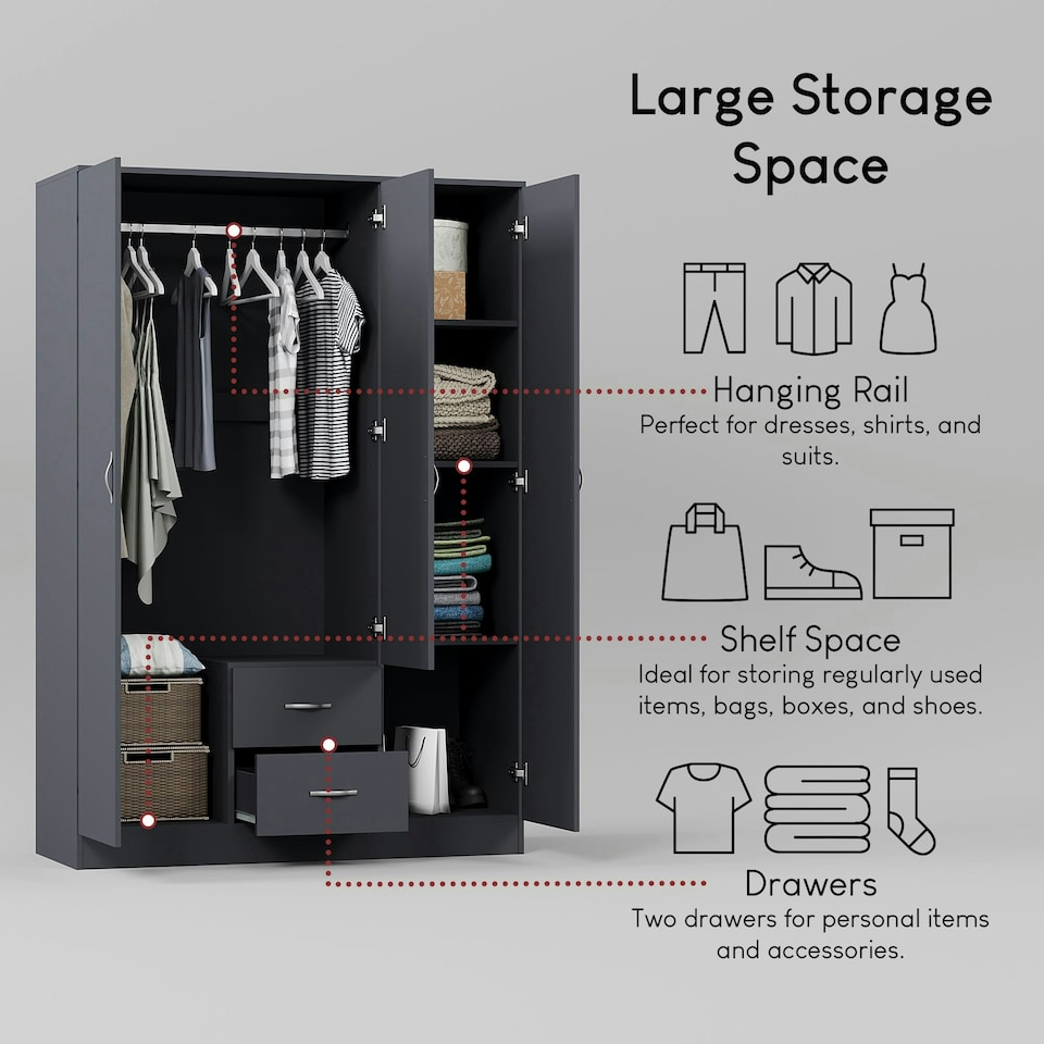 image 1 of Vida Designs Riano 3 Door 2 Drawer Mirrored Wardrobe With Shelf & Clothes Rail, Grey