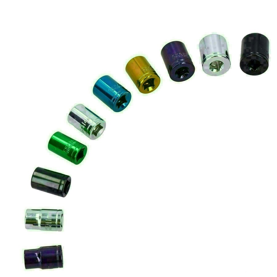 image 1 of 10pc Coloured 3/8" Dr Shallow Sockets 6 Point Hex Metric 10 - 19mm With Rail