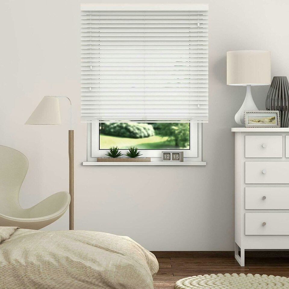 image 1 of 230cm Ultra White Faux Wood Venetian Blinds with String (130cm Drop) White | White
