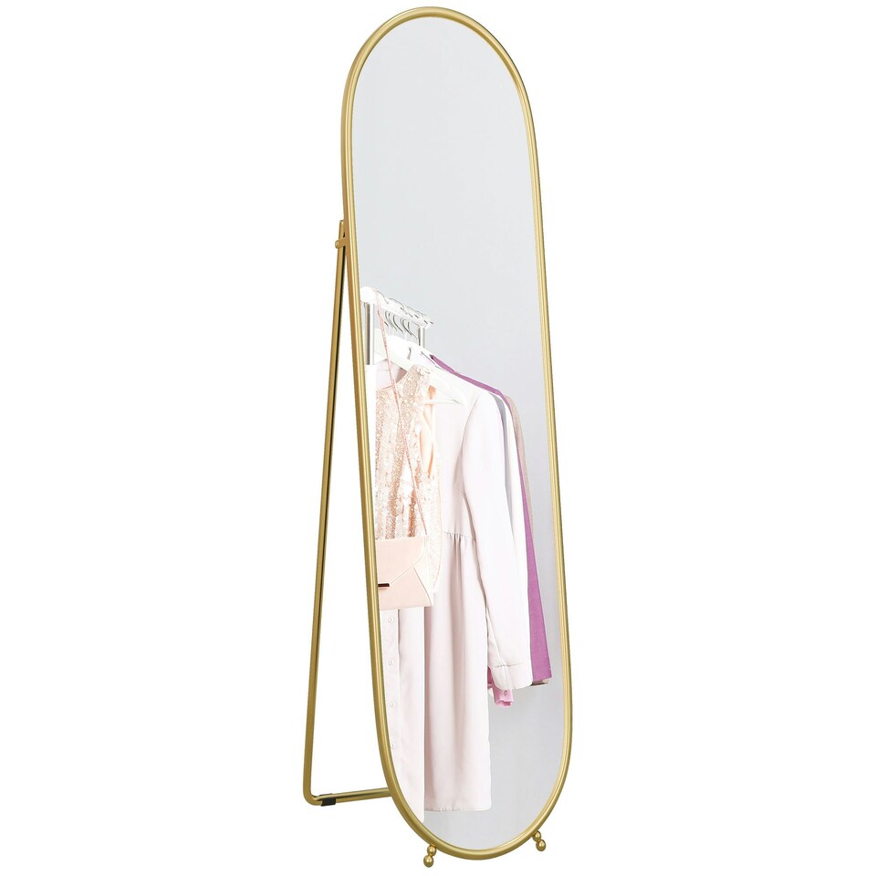 image 1 of HOMCOM Oval Full Length Mirror with Metal Frame Hanging or Leaning Gold Tone