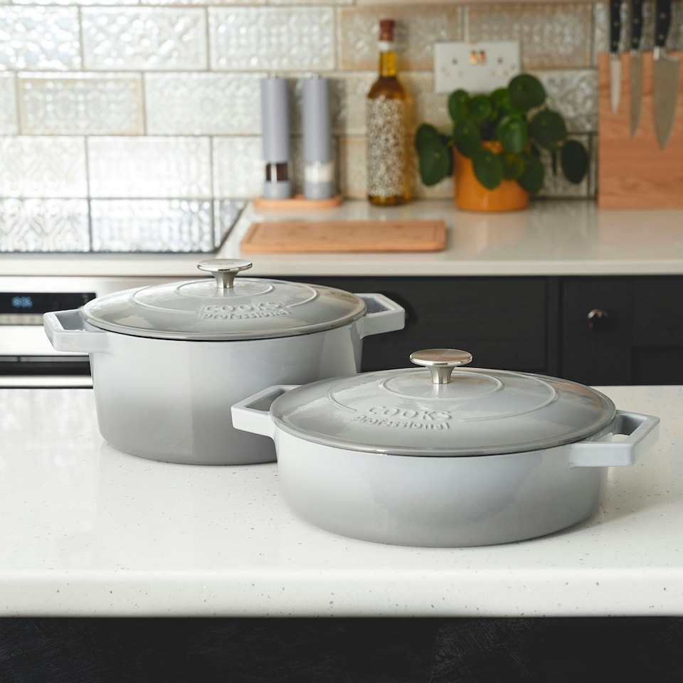 image 1 of Cooks Professional Cast Iron Casserole Set of 2 | 26cm and 28cm | Enamelled Inside and Out | Graduated Grey