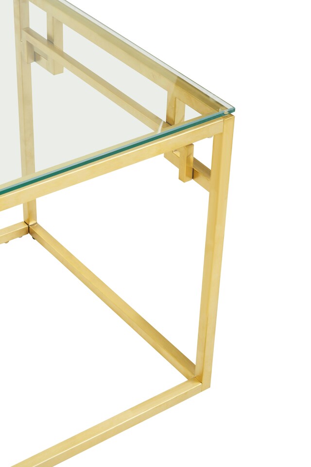 image 1 of Interiors by Premier Gold Brushed Side Table, Tempered Glass Top Side Table, Steel Frame Bedside Table, Cocktail Table for Home | Gold