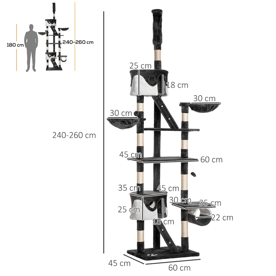 image 1 of PawHut Kitten Tower Adjustable 240-260cm, Scratch Posts, Houses