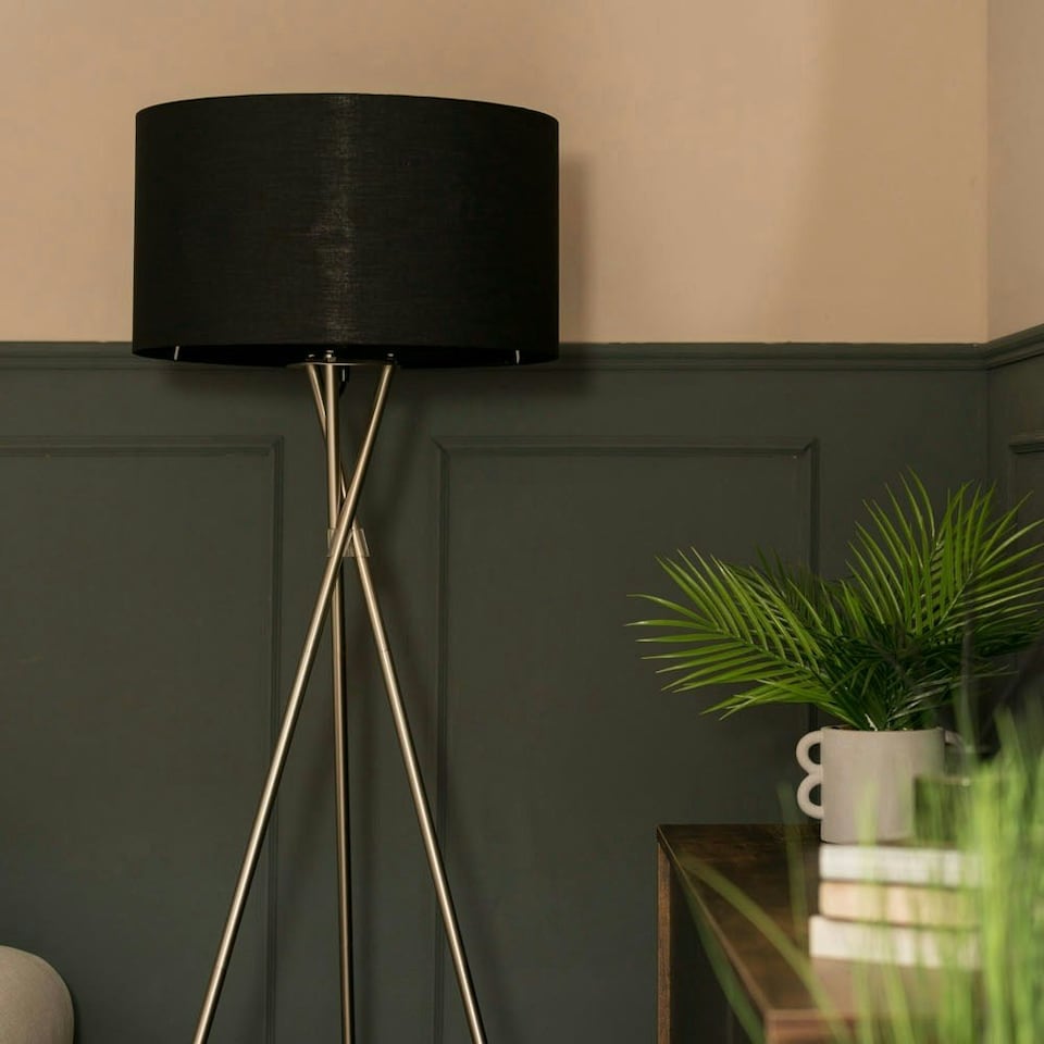 image 1 of ValueLights Camden Chrome Tripod Floor Lamp Black Shade & Bulb | Black