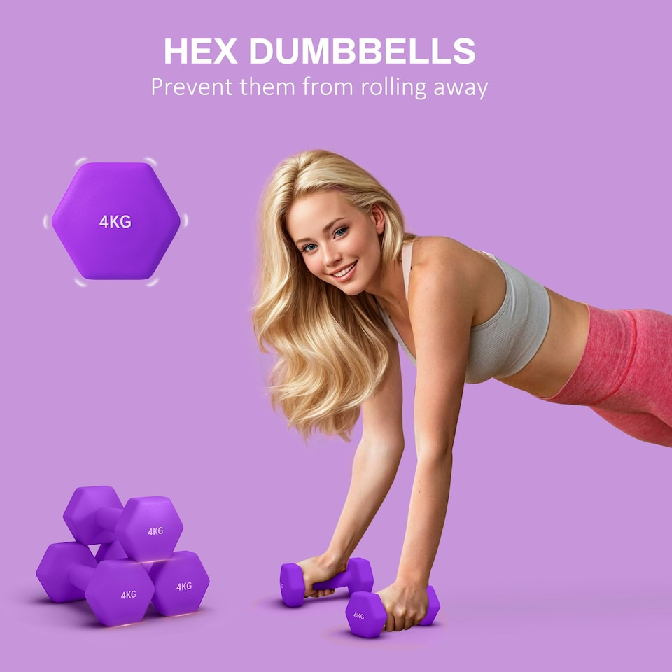 image 1 of SPORTNOW Set of 2 Hexagonal Dumbbells Weights Pair, 2 x 4kg, Purple