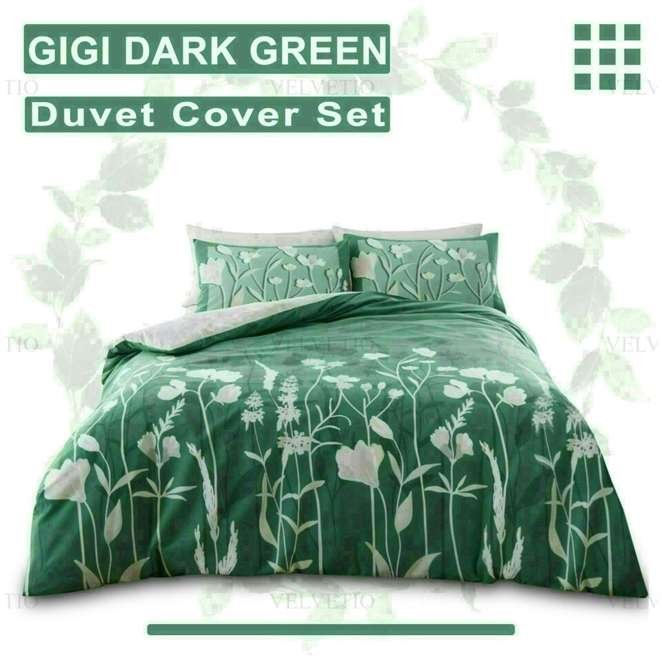 image 1 of Gigi Floral Printed Duvet Cover Set Reversible Polycotton Beddings Green | Double