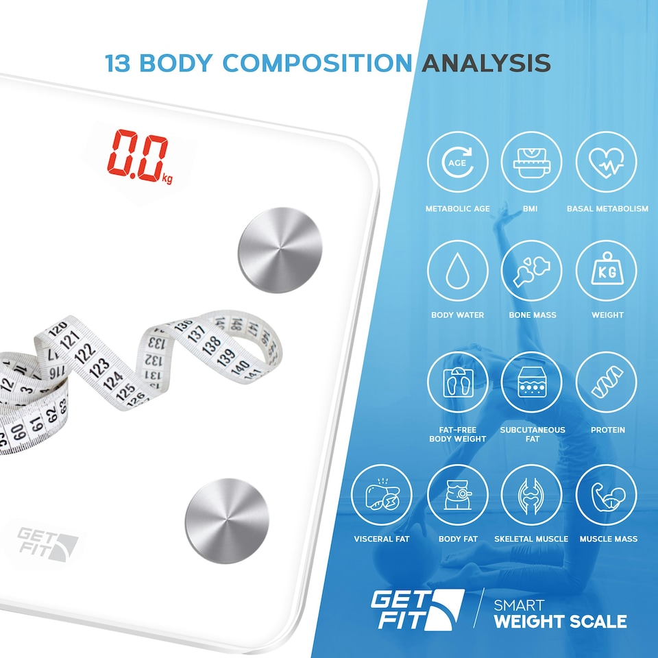 image 1 of Get Fit Smart Bathroom Scales - Monitor Weight Loss Digital Body Weighing Scale, Connect to IOS/Android via Bluetooth with APP, LCD Display, Auto On/Off - White