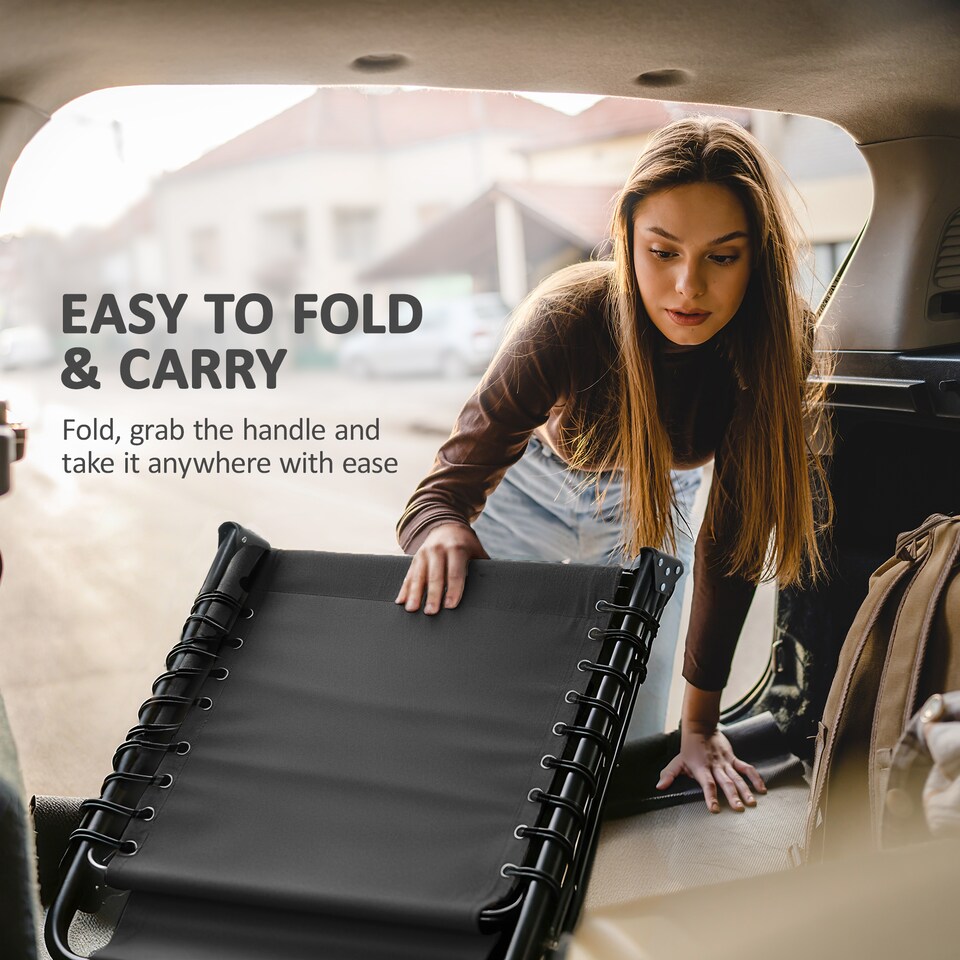 image 1 of Outsunny Portable Sun Lounger, Folding Camping Bed Cot, Reclining Lounge Chair 5-position Adjustable Backrest with Side Pocket, Pillow for Patio Garden Beach Pool | Black