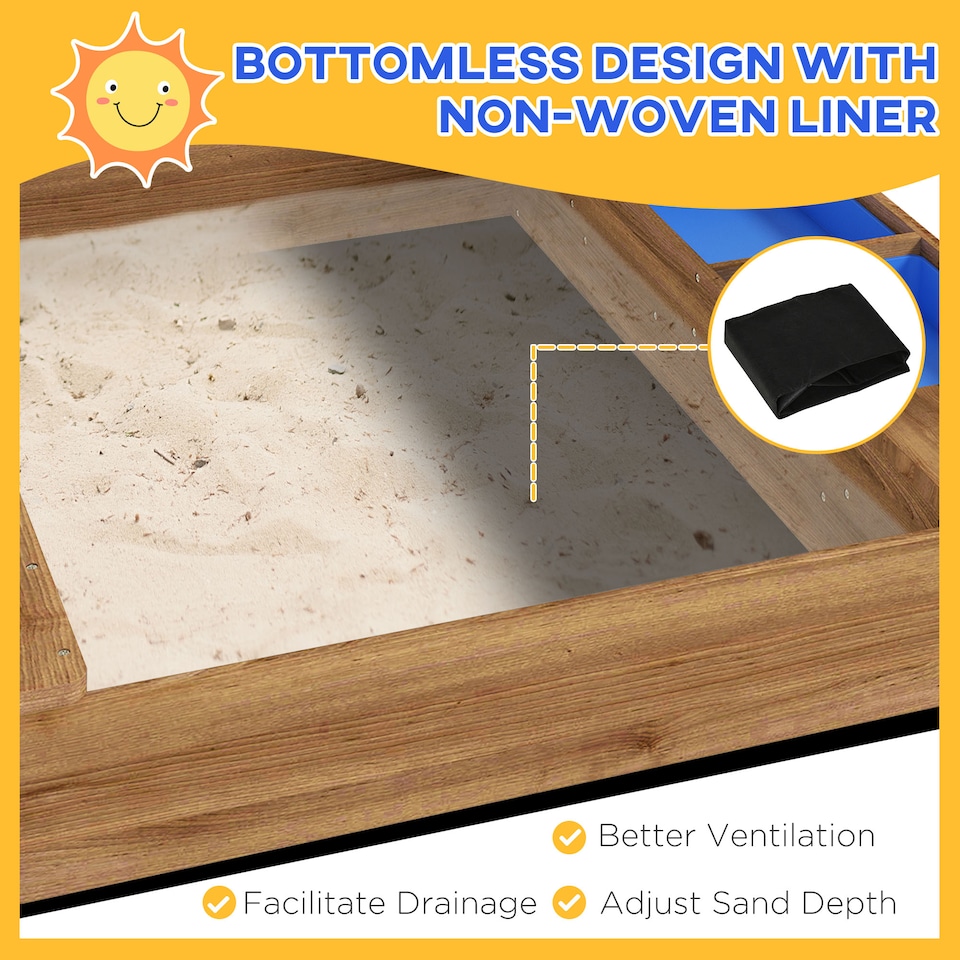 image 1 of Outsunny Sand Pit with Canopy, Blackboard, Toys, Sink, Seats, Flags for Kids | Brown | Brown