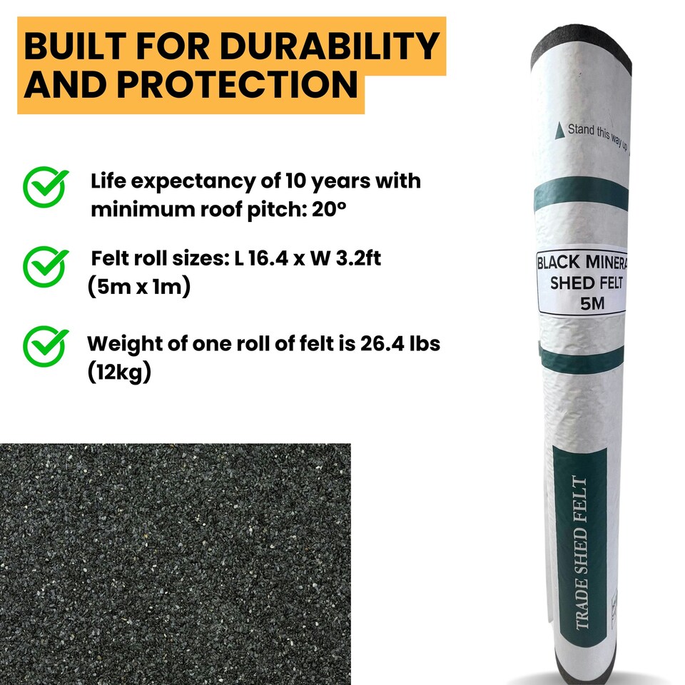 image 1 of NOVECRAFTO Standard Grade Shed Roof Felt – Heavy-Duty Mineral Roofing Felt for Sheds, Summerhouses & Kennels – Durable, Weatherproof Covering Black | 5m x 1m