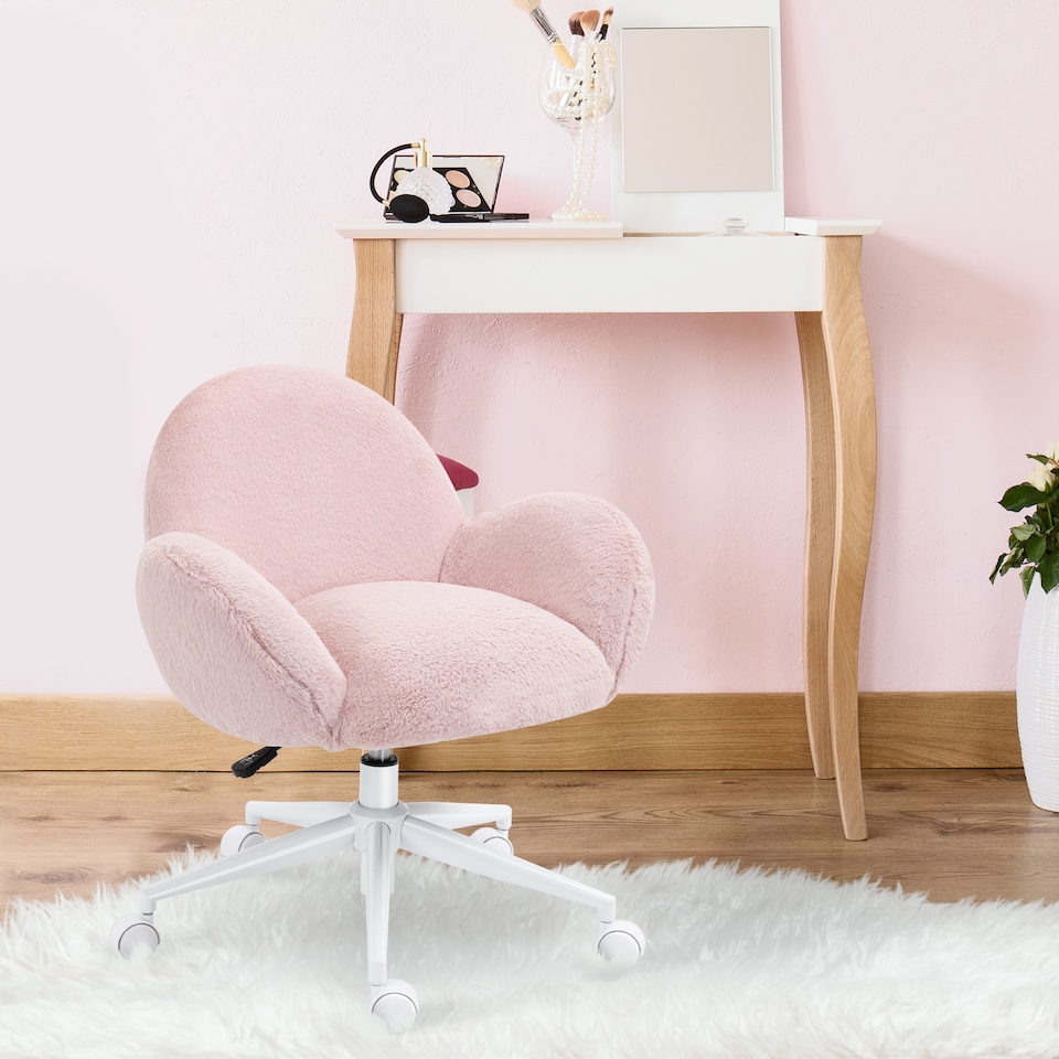 image 1 of HOMCOM Fluffy Desk Chair, Cute Makeup Vanity Chair with Rolling Wheels for Home Bedroom Living Room, Pink