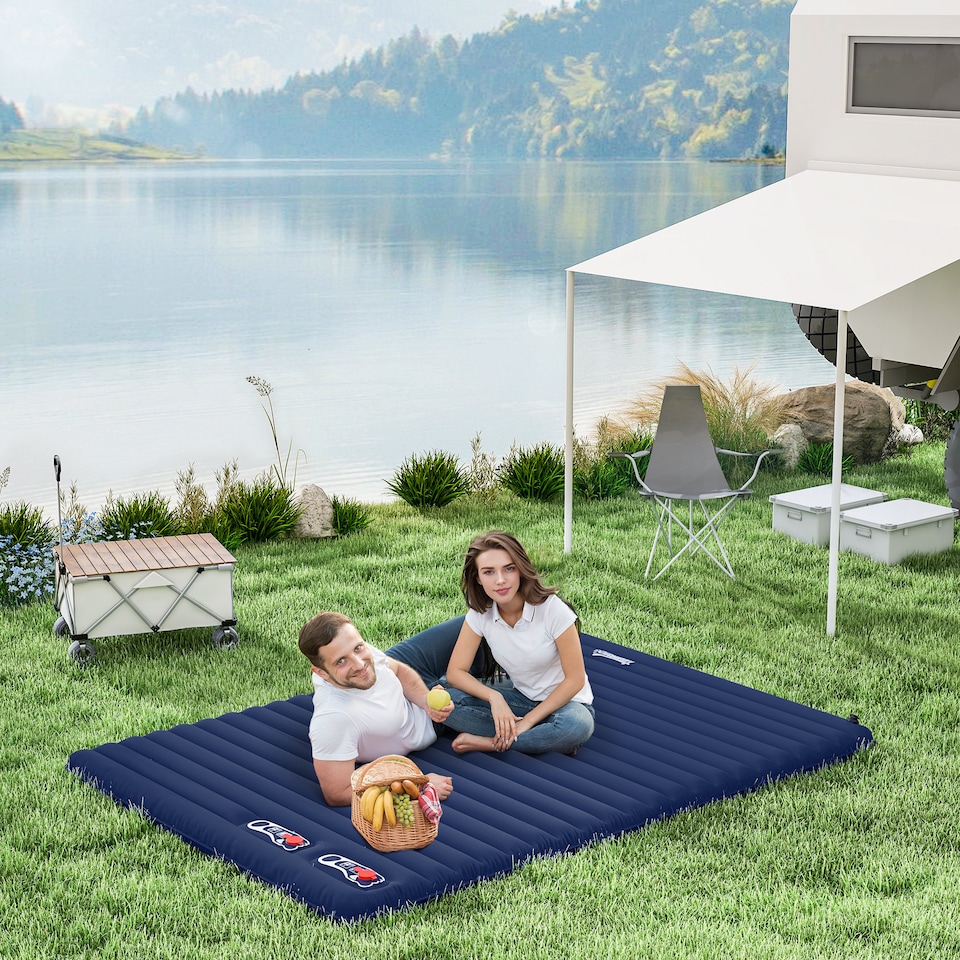 image 1 of Outsunny Portable Inflatable Camping Bed with Double Mattress Navy Blue