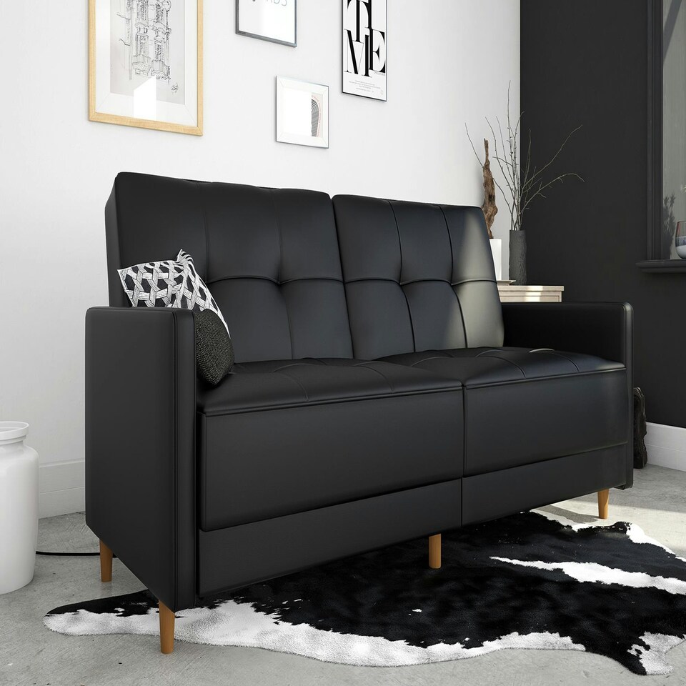 image 1 of Andora sprung sofa bed in faux leather black Black | BLACK FAUX LEATHER