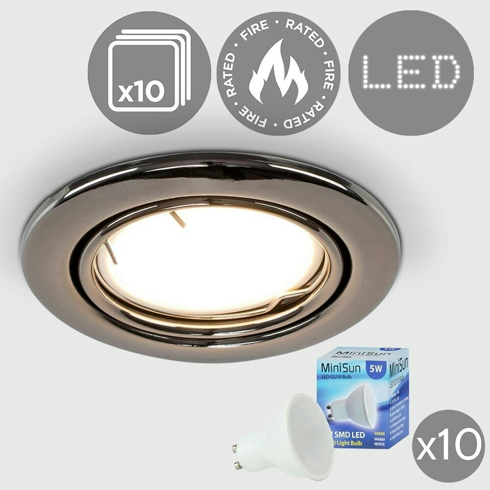image 1 of ValueLights Pack of 10 Fire Rated Black Chrome Tiltable GU10 Recessed Ceiling Downlights 5w LED Bulbs 3000K Warm White | Black